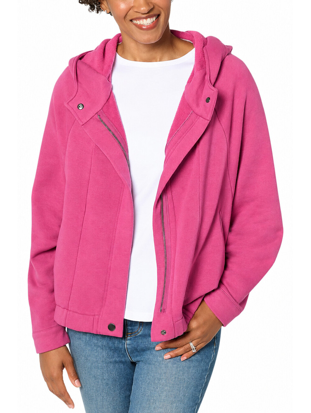 Peace Love World French Terry Zip-Front Hooded Jacket Magenta, Size Medium